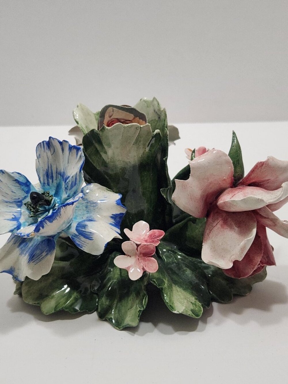 VTG Capodimonte Porcelain Floral Candle Holder Rioleva & Castaldo Italy Signed